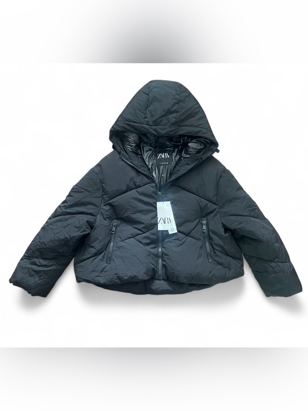 ZARA Black Hooded Puffer Jacket Women’s Size L New With Tags